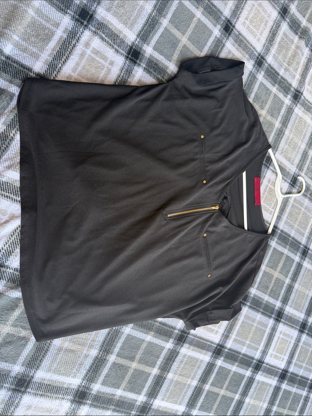 Black Short-Sleeve Zip-Neck Women's Blouse with Stud Accents
